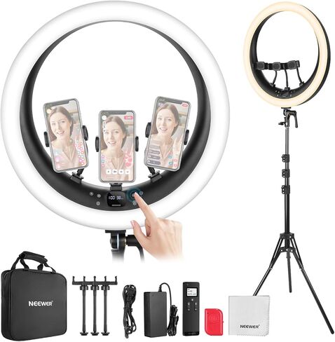 NEEWER 19 inch Ring Light with Stand and 3 Phone Holders, Upgraded 2.4G Control Smooth Dimming at 1%, LCD and Touch Control, CRI 97+ 2540lux, for Streaming Home Office Zoom Call Lighting - RP18H in Kuwait