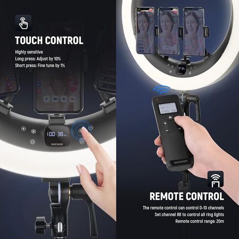 NEEWER 19 inch Ring Light with Stand and 3 Phone Holders, Upgraded 2.4G Control Smooth Dimming at 1%, LCD and Touch Control, CRI 97+ 2540lux, for Streaming Home Office Zoom Call Lighting - RP18H in Kuwait