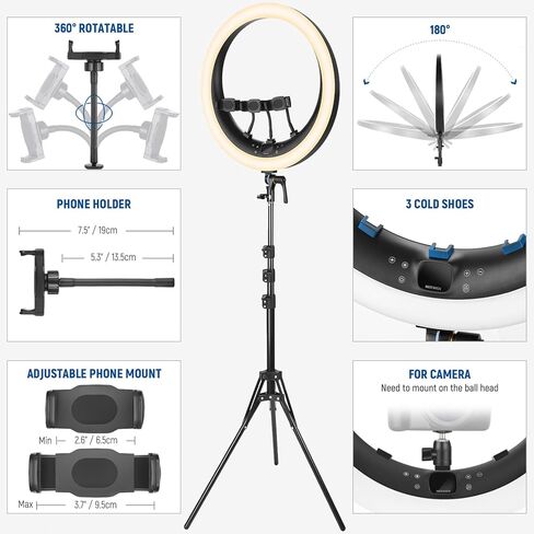 NEEWER 19 inch Ring Light with Stand and 3 Phone Holders, Upgraded 2.4G Control Smooth Dimming at 1%, LCD and Touch Control, CRI 97+ 2540lux, for Streaming Home Office Zoom Call Lighting - RP18H in Kuwait