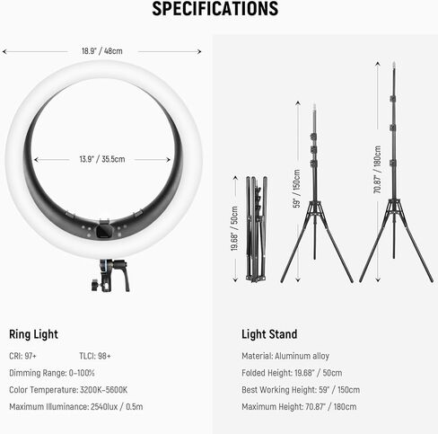 NEEWER 19 inch Ring Light with Stand and 3 Phone Holders, Upgraded 2.4G Control Smooth Dimming at 1%, LCD and Touch Control, CRI 97+ 2540lux, for Streaming Home Office Zoom Call Lighting - RP18H in Kuwait