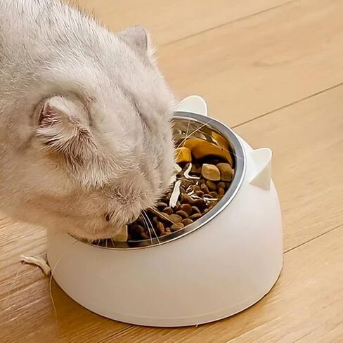 Raised Cat Bowls, Stainless Steel Tilted 15° Slanted Elevated Feeding, Anti-Slip Detachable Pet Bowls (White, 200ML) in Saudi Arabia