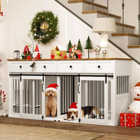Real Relax 71" Large Dog Crate Furniture for 1 or 2 Dogs with Sliding Door, Heavy Duty Dog Kennel Furniture for Small/Medium Dogs with 4 Bowls, Dog Cage with Steel Frame, White in Saudi Arabia