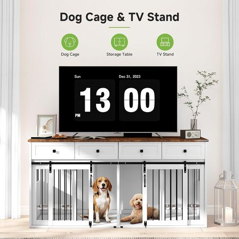 Real Relax 71" Large Dog Crate Furniture for 1 or 2 Dogs with Sliding Door, Heavy Duty Dog Kennel Furniture for Small/Medium Dogs with 4 Bowls, Dog Cage with Steel Frame, White in Saudi Arabia