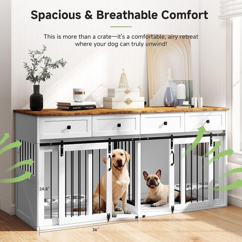 Real Relax 71" Large Dog Crate Furniture for 1 or 2 Dogs with Sliding Door, Heavy Duty Dog Kennel Furniture for Small/Medium Dogs with 4 Bowls, Dog Cage with Steel Frame, White in Saudi Arabia