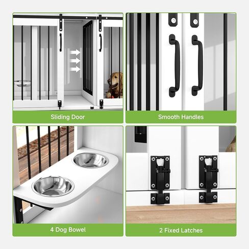 Real Relax 71" Large Dog Crate Furniture for 1 or 2 Dogs with Sliding Door, Heavy Duty Dog Kennel Furniture for Small/Medium Dogs with 4 Bowls, Dog Cage with Steel Frame, White in Saudi Arabia