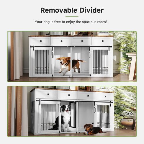 Real Relax 71" Large Dog Crate Furniture for 1 or 2 Dogs with Sliding Door, Heavy Duty Dog Kennel Furniture for Small/Medium Dogs with 4 Bowls, Dog Cage with Steel Frame, White in Saudi Arabia