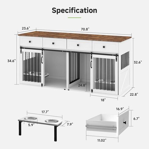 Real Relax 71" Large Dog Crate Furniture for 1 or 2 Dogs with Sliding Door, Heavy Duty Dog Kennel Furniture for Small/Medium Dogs with 4 Bowls, Dog Cage with Steel Frame, White in Saudi Arabia