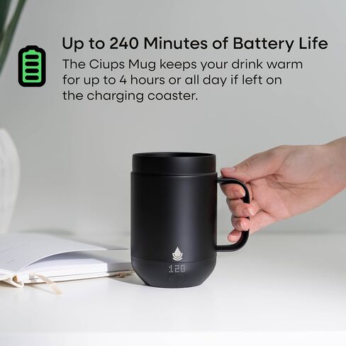 Ciups - كوب قهوة ذكي مُسخن، 16 أونصة، عمر البطارية 4 ساعات، سخان الأكواب، تسخين ذاتي، التحكم في درجة الحرارة، شاشة LED، أسود in Saudi Arabia
