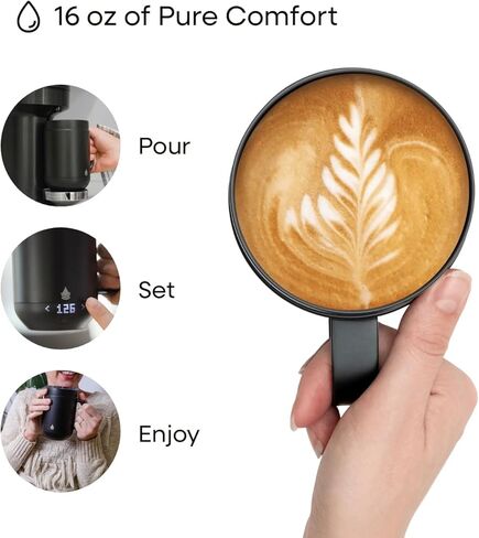 Ciups - كوب قهوة ذكي مُسخن، 16 أونصة، عمر البطارية 4 ساعات، سخان الأكواب، تسخين ذاتي، التحكم في درجة الحرارة، شاشة LED، أسود in Saudi Arabia