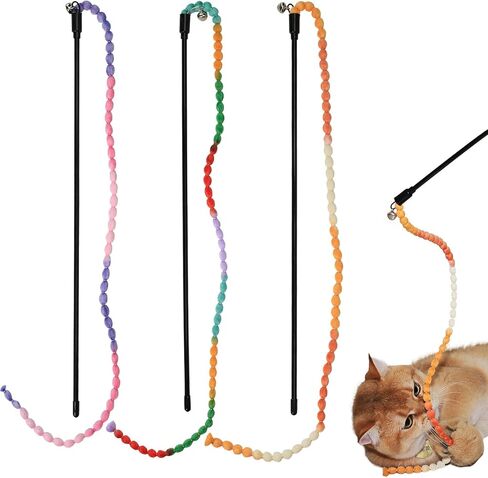 Interactive Cat Toys, 3 Pcs Cat Wand Toys for Indoor Kitten with Colorful Bead Shape Hemp Rope and Small Bell, Kitty Teaser String Toy for Indoor Cats to Chase and Exercise in Saudi Arabia