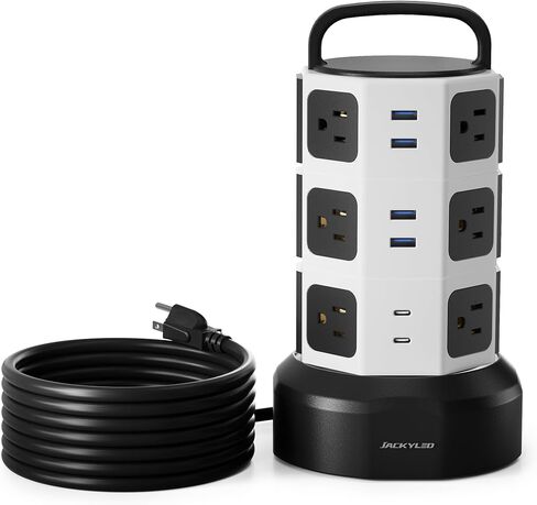 حامي برج قطاع الطاقة، JACKYLED 1625W 13A برج كهربائي عرام، 12 منفذ 6 منافذ USB محطة شحن سلك قابل للسحب مع سلك تمديد شديد التحمل 16AWG 6.5 قدم للمكتب المنزلي in Kuwait