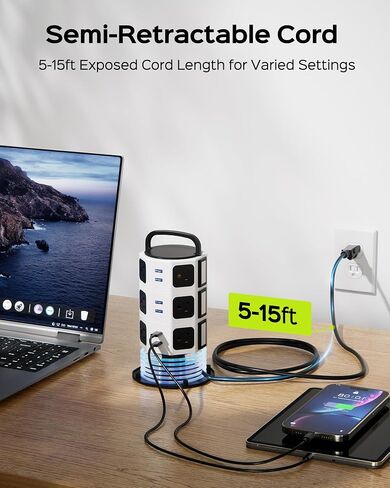حامي برج قطاع الطاقة، JACKYLED 1625W 13A برج كهربائي عرام، 12 منفذ 6 منافذ USB محطة شحن سلك قابل للسحب مع سلك تمديد شديد التحمل 16AWG 6.5 قدم للمكتب المنزلي in Kuwait