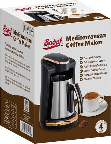 Sadaf One-Touch Mediterranean Coffee Maker – Electric Turkish, Greek, and Armenian Coffee Machine - Stainless Steel Coffee Maker - Foam Control & Overflow Sensor - 250ml, Gold in Kuwait