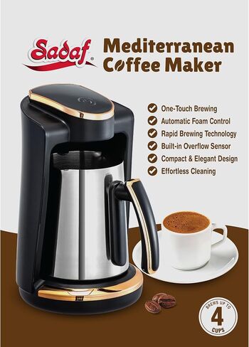 Sadaf One-Touch Mediterranean Coffee Maker – Electric Turkish, Greek, and Armenian Coffee Machine - Stainless Steel Coffee Maker - Foam Control & Overflow Sensor - 250ml, Gold in Kuwait