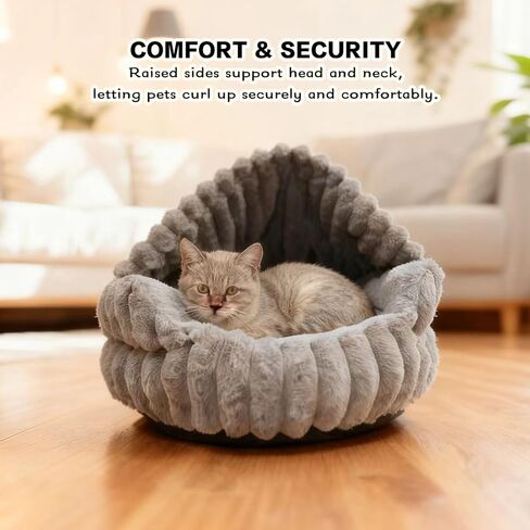 أسرة قطط بغطاء للرأس للقطط الداخلية، سرير كهف مريح للكلاب، سرير مريح للكلاب من Nook للكلاب الصغيرة، سرير جرو مضاد للانزلاق يناسب ما يصل إلى 22 رطلاً للكلاب أو القطط (شريط رمادي، متوسط) in Kuwait