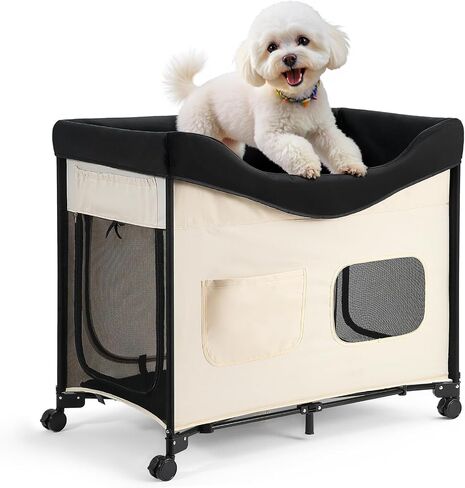 سرير الحيوانات الأليفة من VEVOR Bedside Lounge، سرير كلب بطابقين قابل للطي مع قماش أكسفورد 600D ومخمل هولندي، سرير أطفال مرتفع محمول بعجلات، أكياس تخزين جانبية، وحقيبة حمل للقطط والكلاب، مقاس XL، بيج in Kuwait