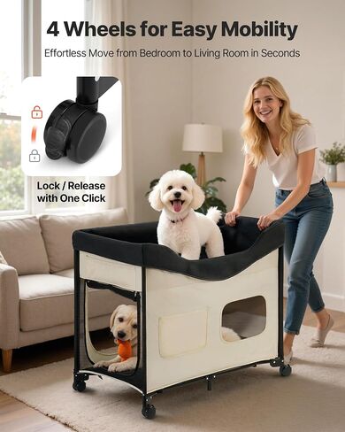 سرير الحيوانات الأليفة من VEVOR Bedside Lounge، سرير كلب بطابقين قابل للطي مع قماش أكسفورد 600D ومخمل هولندي، سرير أطفال مرتفع محمول بعجلات، أكياس تخزين جانبية، وحقيبة حمل للقطط والكلاب، مقاس XL، بيج in Kuwait