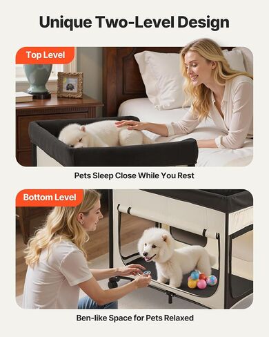سرير الحيوانات الأليفة من VEVOR Bedside Lounge، سرير كلب بطابقين قابل للطي مع قماش أكسفورد 600D ومخمل هولندي، سرير أطفال مرتفع محمول بعجلات، أكياس تخزين جانبية، وحقيبة حمل للقطط والكلاب، مقاس XL، بيج in Kuwait