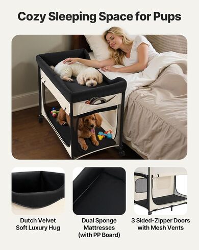 سرير الحيوانات الأليفة من VEVOR Bedside Lounge، سرير كلب بطابقين قابل للطي مع قماش أكسفورد 600D ومخمل هولندي، سرير أطفال مرتفع محمول بعجلات، أكياس تخزين جانبية، وحقيبة حمل للقطط والكلاب، مقاس XL، بيج in Kuwait