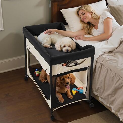 سرير الحيوانات الأليفة من VEVOR Bedside Lounge، سرير كلب بطابقين قابل للطي مع قماش أكسفورد 600D ومخمل هولندي، سرير أطفال مرتفع محمول بعجلات، أكياس تخزين جانبية، وحقيبة حمل للقطط والكلاب، مقاس XL، بيج in Kuwait