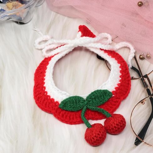 1 Pack Cute Cherry Knitted Pet Collar Soft Stretchy Cat Scarf Lovely Fruit Theme Crochet Dog Collar Bib Adorable Pet Accessories in Saudi Arabia