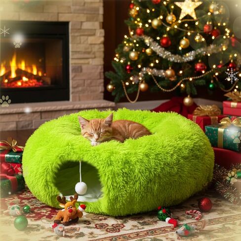 Thyle Christmas Cat Tunnel Bed 3ft x 3ft x 9.8in Under Christmas Tree for Indoor Cats Xmas Pet Donut Tunnel with Washable Cushion Foldable Round Pet Toy for Small Animals Kitten(White) in Kuwait
