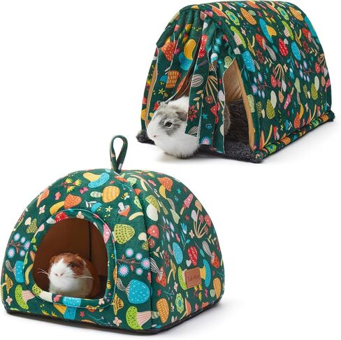 Guinea Pig Hideout Soft Large Bed Tunnel with Door Curtain 2 Pack Guinea Pig Toys Set Bunny Bed Cage Accessories for Small Animals (Blackish Green Mushroom) in Saudi Arabia