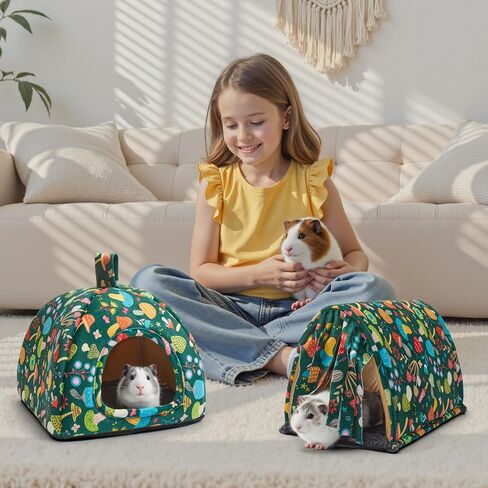 Guinea Pig Hideout Soft Large Bed Tunnel with Door Curtain 2 Pack Guinea Pig Toys Set Bunny Bed Cage Accessories for Small Animals (Blackish Green Mushroom) in Saudi Arabia