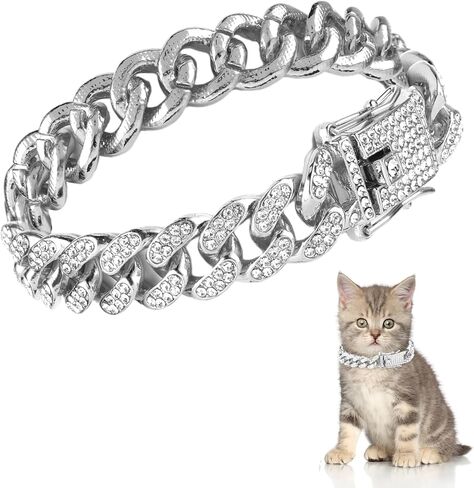 Cat Diamond Chain Collar, Glitter Cuban Collar with Secure Buckle 12 mm Wide Metal Dog Necklace Pet Jewelry Accessories for Cats Kittens Dogs Puppies 8 inch(Silver) in Saudi Arabia