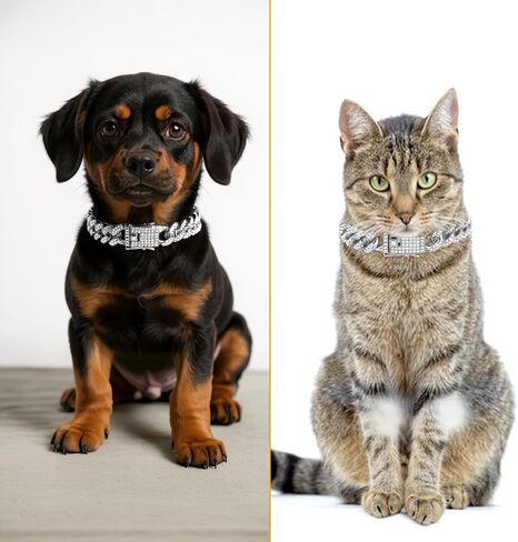 Cat Diamond Chain Collar, Glitter Cuban Collar with Secure Buckle 12 mm Wide Metal Dog Necklace Pet Jewelry Accessories for Cats Kittens Dogs Puppies 8 inch(Silver) in Saudi Arabia