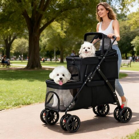 Double Dog Stroller for Medium Small Dogs and Cats Load-Bearing Up to 50lbs, Durable 360° Universal Wheels Lightweight One Hand Foldale Kittens Puppies Travel Stroller Cart(Double) in Saudi Arabia