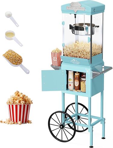 آلة الفشار، عربة آلة الفشار العتيقة بوزن 10 أونصة مع عجلات، ماكينة صنع الفشار على طراز مسرح الأفلام الاحترافية تصنع ما يصل إلى 40 كوبًا، آلة صنع الفشار للاستخدام المنزلي والتجاري (أحمر) in Kuwait