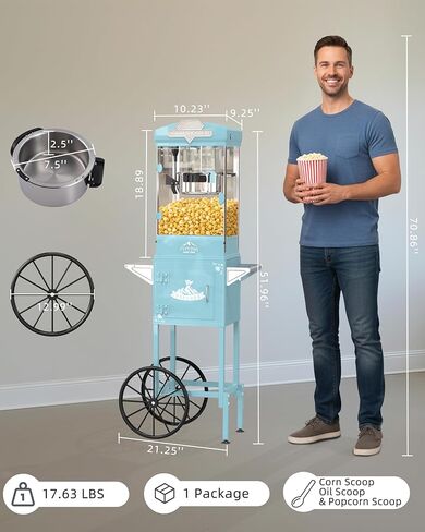 آلة الفشار، عربة آلة الفشار العتيقة بوزن 10 أونصة مع عجلات، ماكينة صنع الفشار على طراز مسرح الأفلام الاحترافية تصنع ما يصل إلى 40 كوبًا، آلة صنع الفشار للاستخدام المنزلي والتجاري (أحمر) in Kuwait