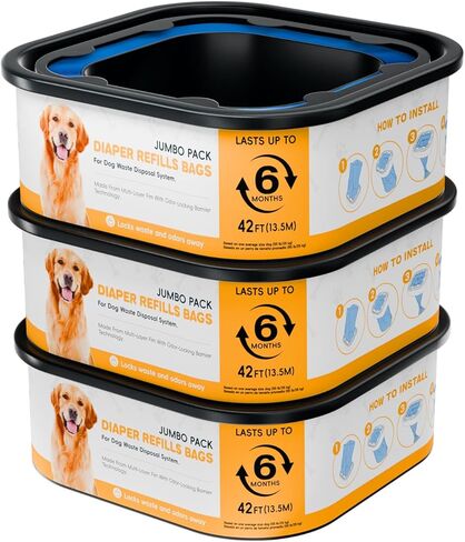 42FT مربع جامبو عبوات أكياس التخلص منها إعادة التعبئة متوافقة مع Pet.t Dogs Gen.ie سلال نظام التخلص من نفايات الكلاب، ما يصل إلى 6 أشهر من العرض، أكياس فضلات الكلاب للتحكم في الرائحة بشكل نهائي، 3 عبوات in Kuwait