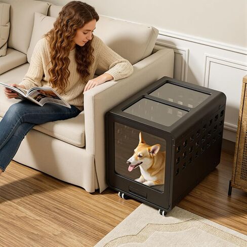 Acrylic Dog Crate, Puppy Dog Kennel Indoor with Wheels for Small/Medium Size Pet, Stylish Safe & Easy Cleaning Side Table Dog Cage(White) in Saudi Arabia