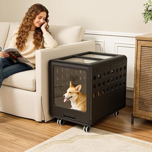 Acrylic Dog Crate, Puppy Dog Kennel Indoor with Wheels for Small/Medium Size Pet, Stylish Safe & Easy Cleaning Side Table Dog Cage(White) in Saudi Arabia