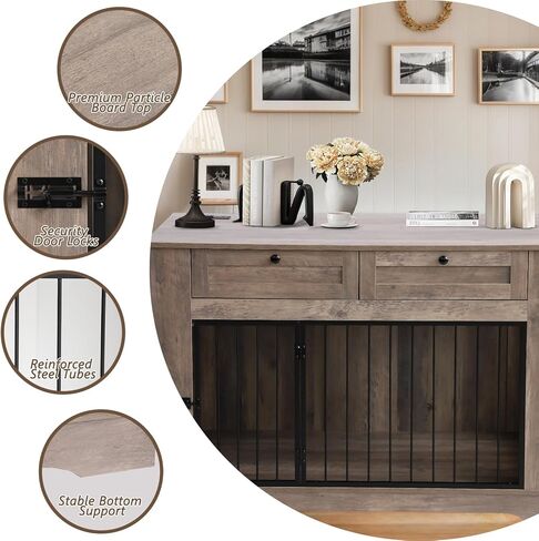 أثاث قفص كبير للكلاب - قفص للكلاب شديد التحمل داخلي، طاولة نهاية قفص خشبي للكلاب مع محطة شحن، بيت للكلاب مع درجين (رمادي، 47.2 بوصة طول) in Kuwait