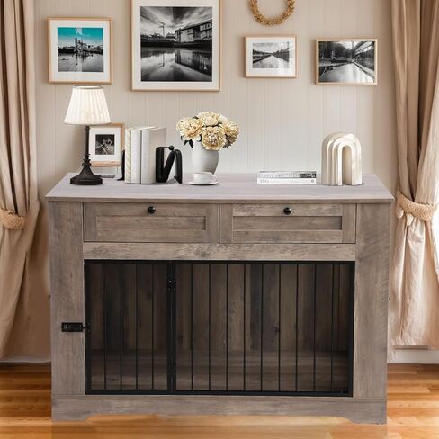 أثاث قفص كبير للكلاب - قفص للكلاب شديد التحمل داخلي، طاولة نهاية قفص خشبي للكلاب مع محطة شحن، بيت للكلاب مع درجين (رمادي، 47.2 بوصة طول) in Kuwait