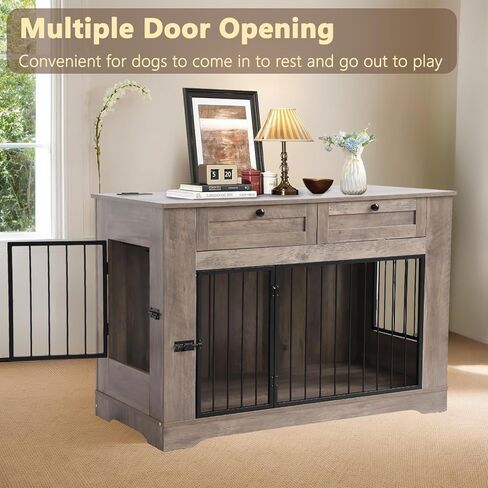 أثاث قفص كبير للكلاب - قفص للكلاب شديد التحمل داخلي، طاولة نهاية قفص خشبي للكلاب مع محطة شحن، بيت للكلاب مع درجين (رمادي، 47.2 بوصة طول) in Kuwait