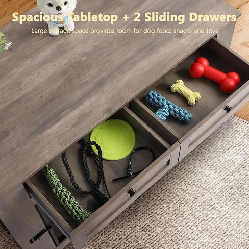 أثاث قفص كبير للكلاب - قفص للكلاب شديد التحمل داخلي، طاولة نهاية قفص خشبي للكلاب مع محطة شحن، بيت للكلاب مع درجين (رمادي، 47.2 بوصة طول) in Kuwait