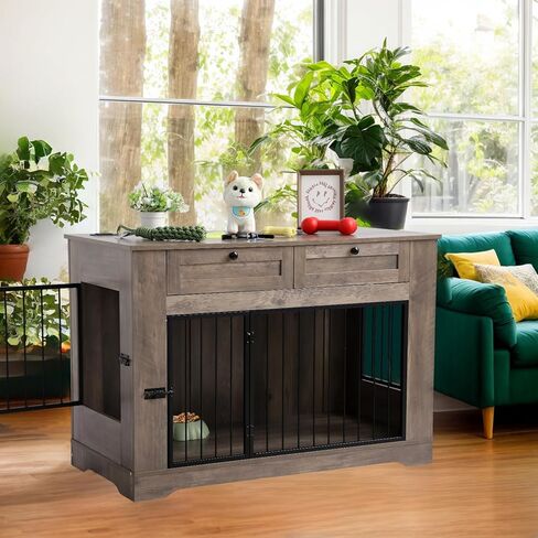 أثاث قفص كبير للكلاب - قفص للكلاب شديد التحمل داخلي، طاولة نهاية قفص خشبي للكلاب مع محطة شحن، بيت للكلاب مع درجين (رمادي، 47.2 بوصة طول) in Kuwait