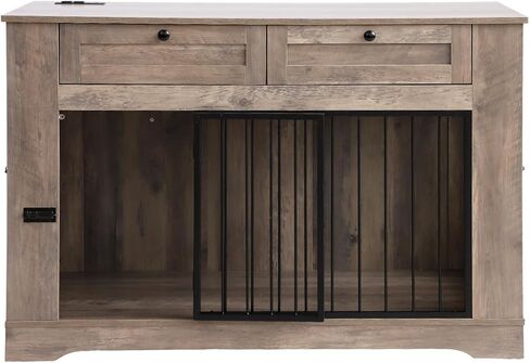 أثاث قفص كبير للكلاب - قفص للكلاب شديد التحمل داخلي، طاولة نهاية قفص خشبي للكلاب مع محطة شحن، بيت للكلاب مع درجين (رمادي، 47.2 بوصة طول) in Kuwait