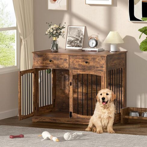 40'' Wooden Dog Crate Furniture–Farmhouse Dog Kenel-Multi Purpose Pet House with Double Doors, 2 Drawers, for Small, Medium & Large Dogs–White & Brown Finish in Saudi Arabia