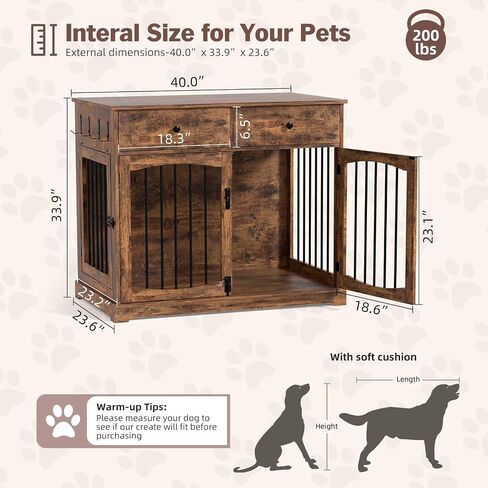 40'' Wooden Dog Crate Furniture–Farmhouse Dog Kenel-Multi Purpose Pet House with Double Doors, 2 Drawers, for Small, Medium & Large Dogs–White & Brown Finish in Saudi Arabia