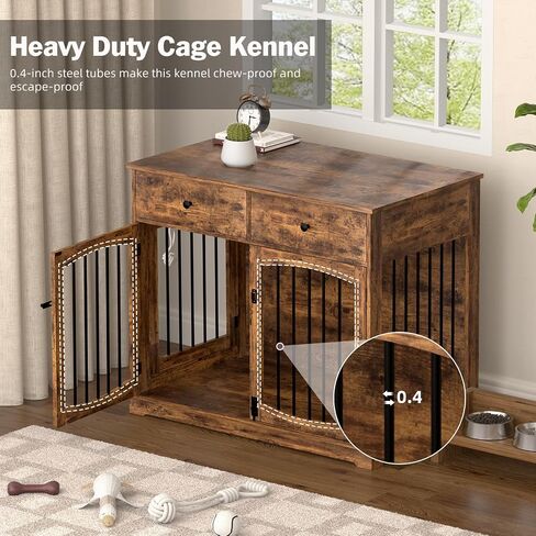 40'' Wooden Dog Crate Furniture–Farmhouse Dog Kenel-Multi Purpose Pet House with Double Doors, 2 Drawers, for Small, Medium & Large Dogs–White & Brown Finish in Saudi Arabia