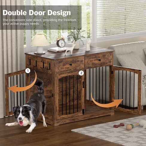 40'' Wooden Dog Crate Furniture–Farmhouse Dog Kenel-Multi Purpose Pet House with Double Doors, 2 Drawers, for Small, Medium & Large Dogs–White & Brown Finish in Saudi Arabia