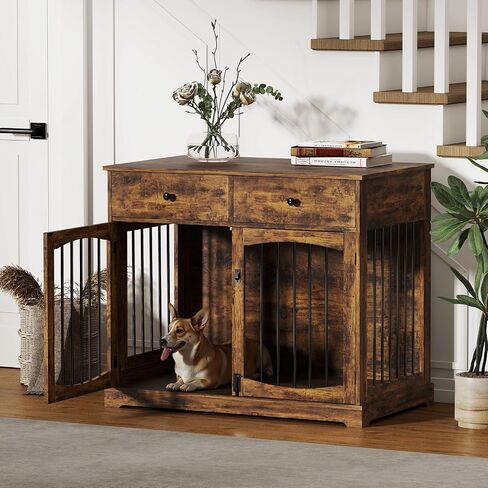 40'' Wooden Dog Crate Furniture–Farmhouse Dog Kenel-Multi Purpose Pet House with Double Doors, 2 Drawers, for Small, Medium & Large Dogs–White & Brown Finish in Saudi Arabia