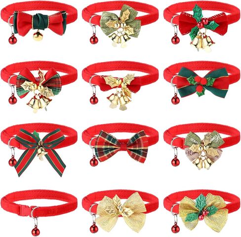 Thinkday 12 جهاز كمبيوتر شخصى طوق عيد الميلاد القط مع ربطة عنق وأجراس، 8 "-14" قابل للتعديل عيد الميلاد الانفصالية طوق هريرة، عطلة القط جرو القوس التعادل مشبك السائبة، الحيوانات الأليفة هريرة لوازم الاشياء الملحقات الديكور in Kuwait