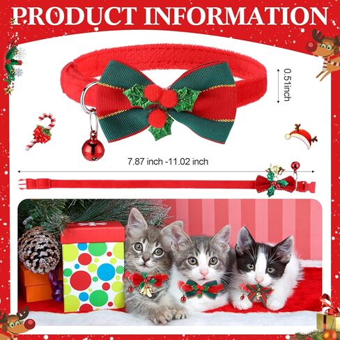 Thinkday 12 جهاز كمبيوتر شخصى طوق عيد الميلاد القط مع ربطة عنق وأجراس، 8 "-14" قابل للتعديل عيد الميلاد الانفصالية طوق هريرة، عطلة القط جرو القوس التعادل مشبك السائبة، الحيوانات الأليفة هريرة لوازم الاشياء الملحقات الديكور in Kuwait