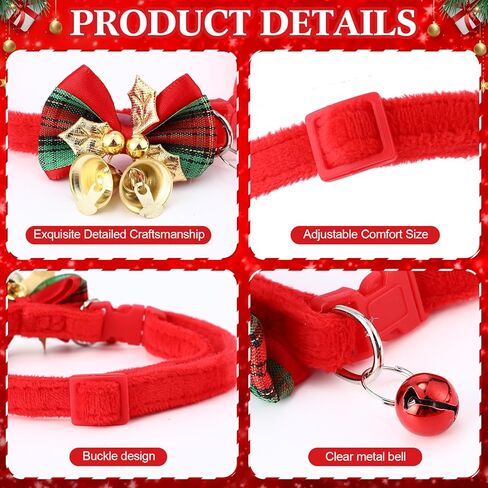 Thinkday 12 جهاز كمبيوتر شخصى طوق عيد الميلاد القط مع ربطة عنق وأجراس، 8 "-14" قابل للتعديل عيد الميلاد الانفصالية طوق هريرة، عطلة القط جرو القوس التعادل مشبك السائبة، الحيوانات الأليفة هريرة لوازم الاشياء الملحقات الديكور in Kuwait